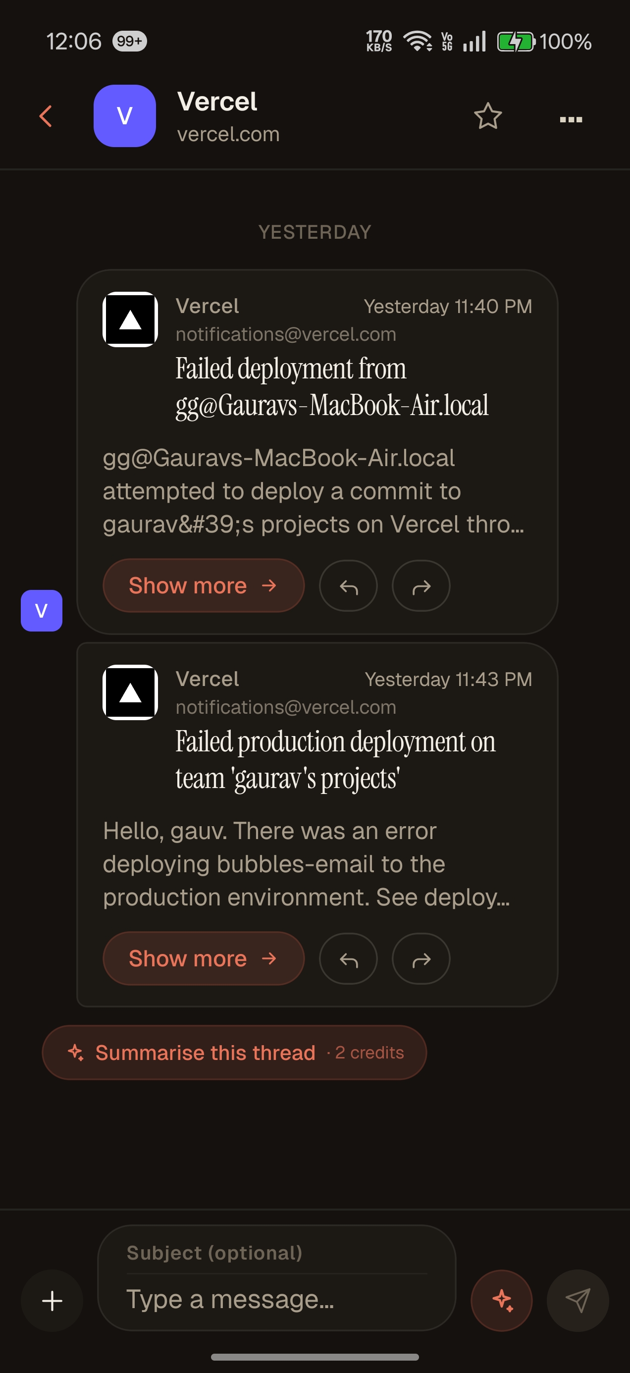 A Bubbles thread rendered as message bubbles — each email is a chat-style card with avatar, sender, and time
